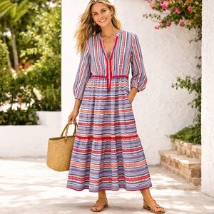 Boden NWT Boho Maxi Dress Pockets 100% Cotton Size 8 Pink Blue Stripe